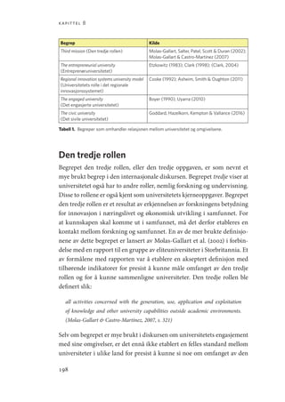 kapittel 8
198
Begrep Kilde
Third mission (Den tredje rollen) Molas-Gallart, Salter, Patel, Scott  Duran (2002);
Molas-Gallart  Castro-Martínez (2007)
The entrepreneurial university
(Entreprenøruniversitetet)
Etzkowitz (1983); Clark (1998); (Clark, 2004)
Regional innovation systems university model
(Universitetets rolle i det regionale
innovasjonssystemet)
Cooke (1992); Asheim, Smith  Oughton (2011)
The engaged university
(Det engasjerte universitetet)
Boyer (1990); Uyarra (2010)
The civic university
(Det sivile universitetet)
Goddard, Hazelkorn, Kempton  Vallance (2016)
Tabell 1.  Begreper som omhandler relasjonen mellom universitetet og omgivelsene.
Den tredje rollen
Begrepet den tredje rollen, eller den tredje oppgaven, er som nevnt et
mye brukt begrep i den internasjonale diskursen. Begrepet tredje viser at
universitetet også har to andre roller, nemlig forskning og undervisning.
Disse to rollene er også kjent som universitetets kjerneoppgaver. Begrepet
den tredje rollen er et resultat av erkjennelsen av forskningens betydning
for innovasjon i næringslivet og økonomisk utvikling i samfunnet. For
at kunnskapen skal komme ut i samfunnet, må det derfor etableres en
kontakt mellom forskning og samfunnet. En av de mer brukte definisjo-
nene av dette begrepet er lansert av Molas-Gallart et al. (2002) i forbin-
delse med en rapport til en gruppe av eliteuniversiteter i Storbritannia. Et
av formålene med rapporten var å etablere en akseptert definisjon med
tilhørende indikatorer for presist å kunne måle omfanget av den tredje
rollen og for å kunne sammenligne universiteter. Den tredje rollen ble
definert slik:
all activities concerned with the generation, use, application and exploitation
of knowledge and other university capabilities outside academic environments.
(­
Molas-Gallart  Castro-Martínez, 2007, s. 321)
Selv om begrepet er mye brukt i diskursen om universitetets engasjement
med sine omgivelser, er det ennå ikke etablert en felles standard mellom
universiteter i ulike land for presist å kunne si noe om omfanget av den
Geografi, kunnskap, vitenskap.indd 198 04-10-2019 07:27:19
 