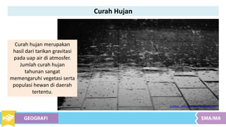 Curah Hujan
Curah hujan merupakan
hasil dari tarikan gravitasi
pada uap air di atmosfer.
Jumlah curah hujan
tahunan sangat
memengaruhi vegetasi serta
populasi hewan di daerah
tertentu.
Sumber : Alexas_Fotos, pixabay.com
 