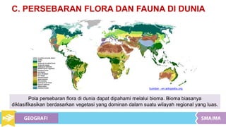 C. PERSEBARAN FLORA DAN FAUNA DI DUNIA
Pola persebaran flora di dunia dapat dipahami melalui bioma. Bioma biasanya
diklasifikasikan berdasarkan vegetasi yang dominan dalam suatu wilayah regional yang luas.
Sumber : en.wikipedia.org
 