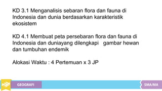 KD 3.1 Menganalisis sebaran flora dan fauna di
Indonesia dan dunia berdasarkan karakteristik
ekosistem
KD 4.1 Membuat peta persebaran flora dan fauna di
Indonesia dan duniayang dilengkapi gambar hewan
dan tumbuhan endemik
Alokasi Waktu : 4 Pertemuan x 3 JP
 