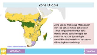 Zona Etiopia mencakup Madagaskar
dan sub-Sahara Afrika. Sahara dan
Timur Tengah membentuk zona
transisi antara daerah Etiopia dan
Paleartik Selatan. Zona Etiopia
memiliki variasi vertebrata terbanyak
dibandingkan zona lainnya.
Sumber : commons.wikipedia.org
Zona Etiopia
 