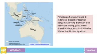 Persebaran flora dan fauna di
Indonesia dibagi berdasarkan
pengamatan yang dilakukan oleh
beberapa zoolog, yaitu Alfred
Russel Wallace, Max Carl Wilhelm
Weber dan Richard Lydekker.
Sumber : commons.wikipedia.org
 