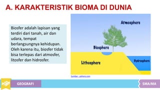 A. KARAKTERISTIK BIOMA DI DUNIA
Biosfer adalah lapisan yang
terdiri dari tanah, air dan
udara, tempat
berlangsungnya kehidupan.
Oleh karena itu, biosfer tidak
bisa terlepas dari atmosfer,
litosfer dan hidrosfer.
Sumber : pxhere.com
 