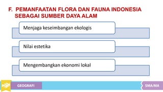 F. PEMANFAATAN FLORA DAN FAUNA INDONESIA
SEBAGAI SUMBER DAYA ALAM
Menjaga keseimbangan ekologis
Nilai estetika
Mengembangkan ekonomi lokal
 