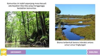 Komunitas ini stabil sepanjang masa kecuali
ada kejadian tiba-tiba yang mengganggu
kestabilan komunitas
Bioma terbentuk karena interaksi antara
unsur-unsur lingkunganSumber : commons.wikipedia.org
Sumber : pxhere.com
 