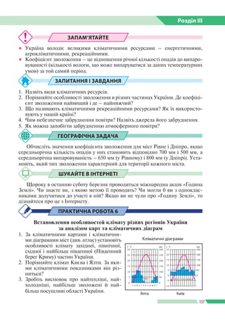 Розділ ІIІ
137
ЗАПАМ’ЯТАЙТЕ
●● Україна володіє великими кліматичними ресурсами – енергетичними,
агрокліматичними, рекреаційними.
●● Коефіцієнт зволоження – це відношення річної кількості опадів до випаро­
вуваності (кількості вологи, що може випаруватися за даних температурних
умов) за той самий період.
ЗАПИТАННЯ І ЗАВДАННЯ
1. 	Назвіть види кліматичних ресурсів.
2. 	Порівняйте особливості зволоження в різних частинах України. Де коефіці­
єнт зволоження найвищий і де – найнижчий?
3. 	Що називають кліматичними рекреаційними ресурсами? Як їх використо­
вують у нашій країні?
4. 	Чим небезпечне забруднення повітря? Назвіть джерела його забруднення.
5. 	Як можна запобігти забрудненню атмосферного повітря?
ГЕОГРАФІЧНА ЗАДАЧА
Обчисліть значення коефіцієнта зволоження для міст Рівне і Дніпро, якщо
середньорічна кількість опадів у них становить відповідно 700 мм і 500 мм, а
середньорічна випаровуваність – 650 мм (у Рівному) і 800 мм (у Дніпрі). Уста­
новіть, який тип зволоження характерний для території кожного міста.
ШУКАЙТЕ В ІНТЕРНЕТІ
Щороку в останню суботу березня проводиться міжнародна акція «Година
Землі». Чи знаєте ви, з якою метою її проводять? Чи могли б ви з одноклас­
никами долучитися до участі в ній? Якщо ви не чули про «Годину Землі», то
дізнайтеся про це з Інтернету.
ПРАКТИЧНА РОБОТА 6
Встановлення особливостей клімату різних регіонів України
за аналізом карт та кліматичних діаграм
1. 	За кліматичними картами і кліматични­
ми діаграмами міст (див. атлас) установіть
особливості клімату західної, північної,
східної і найбільш південної (Південний
берег Криму) частин України.
2. 	Порівняйте клімат Києва і Ялти. За яки­
ми кліматичними показниками він різ­
ниться?
3. 	Зробіть висновок про найтепліші, най­
холодніші, найбільш зволожені й най­
більш посушливі області України.
Кліматичні діаграми
Ялта
0
с л б к т ч л с в ж л г
0
5 50
10
5 50
0 0
–5
–10
100
15 10 100150
20 15 150200
25 20 200250
30 25 250300
t °C t °Cмм мм
Київ
с л б к т ч л с в ж л г
 