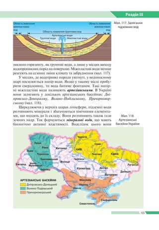 Розділ ІIІ
155
носного горизонту, як ґрунтові води, а лише у місцях виходу
водопроникних порід на поверхню. Міжпластові води менше
реагують на сезонні зміни клімату та забруднення (мал. 117).
У місцях, де водотривкі породи увігнуті, у водоносному
шарі посилюється напір води. Якщо у такому місці пробу­
рити свердловину, то вода битиме фонтаном. Такі напір­
ні міжпластові води називають артезіанськими. В Україні
вони залягають у декількох артезіанських басейнах: Дні-
провсько-Донецькому, Волино-Подільському, Причорномор-
ському (мал. 118).
Циркулюючи у верхніх шарах літосфери, підземні води
розчиняють мінерали і збагачуються хімічними елемента­
ми, що входять до їх складу. Вони розчиняють також гази
земних надр. Так формуються мінеральні води, що мають
біологічно активні властивості. Внаслідок цього вони
Мал. 118.
Артезіанські
басейни України
Мал. 117. Залягання
підземних вод
Артезіанські води
Область живлення
міжпластових
вод
Область живлення
міжпластових
вод
Область живлення ґрунтових вод
Ґрунтові води Міжпластові води
Водотривкі породи
Водотривкі породи
Водоносний шар
 