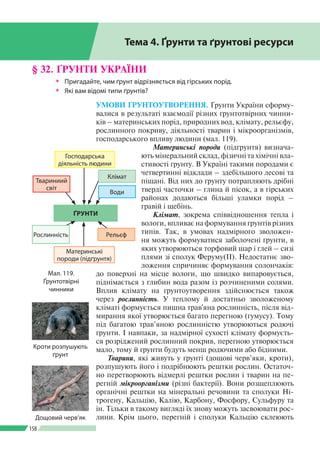 Розділ ІІI
158
§ 32. ҐРУНТИ УКРАЇНИ
 Пригадайте, чим ґрунт відрізняється від гірських порід.
 Які вам відомі типи ґрун...
