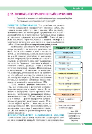 Розділ ІIІ
181
§ 37. ФІЗИКО-ГЕОГРАФІЧНЕ РАЙОНУВАННЯ
ŠŠ Пригадайте, в якому географічному поясі розташована Україна.
ŠŠ Які природні зони поширені на її території?
ПОНЯТТЯ РАЙОНУВАННЯ. Усе розмаїття ландшафтів
творить ландшафтну (географічну) оболонку Землі, яка
тонким шаром «обкутує» нашу планету. Між ландшафт­
ною оболонкою як планетарним природним комплексом і
ландшафтами як її найменшими частинами існує система
регіо­нальних природних комплексів (ПК). Вони займають
різні за площею території. Одним із завдань географії є їх
виявлення, визначення меж, вивчення і картографування,
тобто здійснення фізико-географічного районування.
Розглядаючи компоненти та чинники роз­
витку ландшафту, ви напевно помітили, що
одні з них є зональними, а інші – незональ­
ними. До зональних належать ті, які поширені
на земній поверхні відповідно до закономір­
ностей географічної (широтної) зональності –
смугами, що змінюють одна одну від екватора
до полюсів. Зонально змінюються кількість
сонячної енергії, розподіл тепла і вологи,
ґрунтово-рослинний покрив. Незональними
(азональними) є ті чинники та компонен­
ти ландшафту, розміщення яких не залежить
від географічної широти. Це насамперед гео­
логічна будова та рельєф. Відповідно до цього
регіональні природні комплекси також поді­
ляють на зональні та азональні (мал. 135).
Отже, зональні природні комплекси – це
ПК, що утворилися в результаті широтно­
го вияву природних процесів і явищ. До них
належать географічні пояси, природні зони і
підзони. Найбільшими азональними природ­
ними комплексами є ПК материків і океанів,
а в їх межах – фізико-географічні країни і
природно-аквальні комплекси морів. Фізи­
ко-географічні країни і зони поділяють на
менші регіональні ПК, які виокремлюють за
поєднанням зональних й азональних чинни­
ків. До них належать фізико-географічні краї,
області та райони.
ФІЗИКО-ГЕОГРАФІЧНЕ РАЙОНУВАННЯ УКРАЇНИ.
Найбільшими зональними частинами ландшафтної обо­
лонки є географічні пояси. Їх розрізняють за кількістю над­
Мал. 135.
Одиниці фізико-
географічного
районування
України
ЛАНДШАФТНА ОБОЛОНКА
Зональні ПК
●● Географічні пояси
●● Природні зони
●● Природні підзони
Зонально-азональні ПК
●● Фізико-географічні краї
●● Фізико-географічні області
●● Фізико-географічні райони
Азональні ПК
●● Фізико-географічні
країни
●● Природно-аквальні
комплекси морів
 