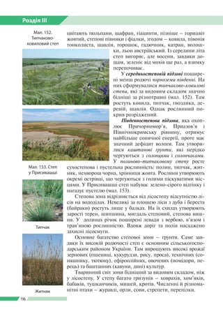 Розділ ІІI
196
цвітають тюльпани, шафран, гіацинти, пізніше – горицвіт
жовтий, степові півники і фіалки, згодом – ковила, ...