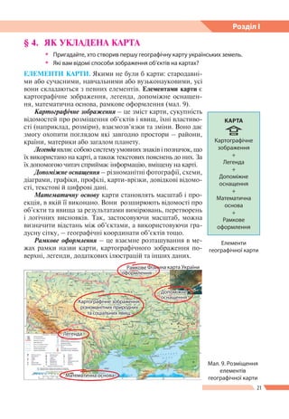 21
Розділ І
§ 4. 	ЯК УКЛАДЕНА КАРТА
 Пригадайте, хто створив першу географічну карту українських земель.
 Які вам відо...