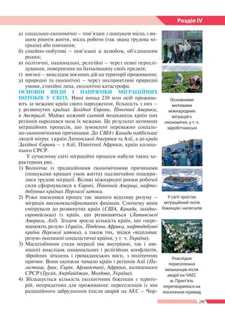 249
Розділ ІV
а)	 соціально-економічні – пов’язані з пошуком місць з ви-
щим рівнем життя, місць роботи (так звана трудова мі-
грація) або навчання;
б)	сімейно-побутові – пов’язані зі шлюбом, об’єднанням
родин;
в)	політичні, національні, релігійні – через певні переслі-
дування, повернення на батьківщину своїх предків;
г)	 воєнні – внаслідок воєнних дій на території проживання;
д)	природні та екологічні – через несприятливі природні
умови, стихійні лиха, екологічні катастрофи.
ОСНОВНІ ВИДИ І НАПРЯМКИ МІГРАЦІЙНИХ
ПОТОКІВ У СВІТІ. Нині понад 230 млн осіб прожива-
ють за межами країн свого народження, більшість з них –
у розвинутих країнах Західної Європи, Північної Америки,
в Австралії. Майже кожний сьомий мешканець країн цих
регіонів народився поза їх межами. Це результат активних
міграційних процесів, що зумовлені переважно соціаль-
но-економічними причинами. До США і Канади найбільше
людей мігрує з країн Латинської Америки та Азії, а до країн
Західної Європи – з Азії, Північної Африки, країн колиш-
нього СРСР.
У сучасному світі міграційні процеси набули таких ха-
рактерних рис.
1)	Водночас із традиційними економічними причинами
(пошуками кращих умов життя) надзвичайно пошири-
лися трудові міграції. Великі міжнародні ринки робочої
сили сформувалися в Європі, Північній Америці, нафто-
добувних країнах Перської затоки.
2)	Різко посилився процес так званого відпливу розуму –
міграція висококваліфікованих фахівців. Спочатку вони
емігрували до розвинутих країн (США, Канади, західно­
європейських) із країн, що розвиваються (Латинської
Америки, Азії). Згодом зросла кількість країн, що «пере-
манюють розум» (Ізраїль, Південна Африка, нафтодобувні
країни Перської затоки), а також тих, звідки «відпливає
розум» (колишні соціалістичні країни, у т. ч. Україна).
3)	Масштабними стали міграції (як внутрішні, так і зов-
нішні) внаслідок національних і релігійних конфліктів,
збройних зіткнень і громадянських воєн, з політичних
причин. Вони охопили чимало країн і регіонів Азії (Па-
лестина, Ірак, Сирія, Афганістан), Африки, колишнього
СРСР (Грузія, Азербайджан, Молдова, Україна).
4)	Збільшується кількість екологічних біженців з терито-
рій, непридатних для проживання: переселенців із зон
ра­діаційного забруднення (після аварій на АЕС – Чор-
Основними
мотивами
міжнародних
міграцій є
економічні, у т. ч.
заробітчанські
Унаслідок
переселення
мешканців після
аварії на ЧАЕС
м. Прип’ять
перетворилося на
поселення-привид
У світі зростає
міграційний потік
біженців і нелегалів
 