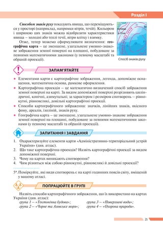 25
Розділ І
Способом знаків руху показують явища, що переміщують-
ся у просторі (наприклад, напрямки вітрів, течій). Кольо...