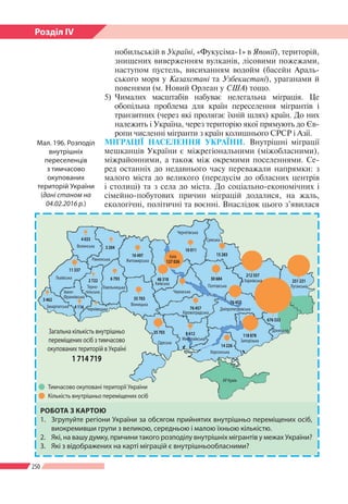 250
Розділ ІV
нобильській в Україні, «Фукусіма-1» в Японії), територій,
знищених виверженням вулканів, лісовими пожежами,
наступом пустель, висиханням водойм (басейн Араль-
ського моря у Казахстані та Узбекистані), ураганами й
повенями (м. Новий Орлеан у США) тощо.
5)	Чималих масштабів набуває нелегальна міграція. Це
обопільна проблема для країн переселення мігрантів і
транзитних (через які пролягає їхній шлях) країн. До них
належить і Україна, через територію якої прямують до Єв-
ропи численні мігранти з країн колишнього СРСР і Азії.
МІГРАЦІЇ НАСЕЛЕННЯ УКРАЇНИ. Внутрішні міграції
мешканців України є міжрегіональними (міжобласними),
міжрайонними, а також між окремими поселеннями. Се-
ред останніх до недавнього часу переважали напрямки: з
малого міста до великого (передусім до обласних центрів
і столиці) та з села до міста. До соціально-економічних і
сімейно-побутових причин міграцій додалися, на жаль,
екологічні, політичні та воєнні. Внаслідок цього з’явилася
Мал. 196. Розподіл
внутрішніх
переселенців
з тимчасово
окупованих
територій України
(дані станом на
04.02.2016 р.)
Волинська
4 033
3 204
10 497
127 026
48 318
10 011
15 283
30 684
212 557
251 231
676 533
76 457
76 457
8 612
14 226
118 878
35 703
35 703
6 7932 722
4 116
Загальна кількість внутрішньо
переміщених осіб з тимчасово
окупованих територій в Україні
1 714 719
Кількість внутрішньо переміщених осіб
Тимчасово окуповані території України
3 462
11 337
Рівненська Житомирська
Київська
Київ
Черкаська
Чернігівська
Сумська
Полтавська
Харківська
Луганська
Донецька
Запорізька
Дніпропетровська
Кіровоградська
Миколаївська
Одеська
Вінницька
ХмельницькаТерно-
пільська
Чернівецька
Закарпатська
Львівська
Івано-
Франківська
Херсонська
АР Крим
РОБОТА З КАРТОЮ
1.	 Згрупуйте регіони України за обсягом прийнятих внутрішньо переміщених осіб,
виокремивши групи з великою, середньою і малою їхньою кількістю.
2.	 Які, на вашу думку, причини такого розподілу внутрішніх мігрантів у межах України?
3.	 Які з відображених на карті міграцій є внутрішньообласними?
 