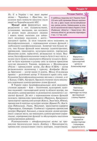 259
Розділ ІV
Ріг. Є в Україні і так звані мертві
міста — Чорнобиль і Прип’ять, на­
селення яких повністю виселене після
аварії на Чорнобильській АЕС.
Функції міст формуються зосе-
редженими у них підприємствами,
установами, закладами, що належать
до різних видів діяльності людини
і мають певне значення для зайня-
тості місцевого населення і життє-
діяльності країни. За цією ознакою міста поділяють на
багатофункціо­нальні, з переважанням кількох функцій і
здебільшого однофункціональні. Зазвичай чим більше мі-
сто, тим більше функцій воно виконує (адміністративні,
промислові, транс­портні, культурно-освітні, торгівельні,
фінансово-ділові, туристичні, розважальні та інші). Вод-
ночас багатофункціо­нальними можуть бути й малі міста, а
великі міста можуть виконувати обмежену кількість функ-
цій чи бути відомими в усьому світі за однією провідною
галуззю діяльності. Такими, наприклад, є Магнітогорськ
(Росія) – промисловий центр, Лас-Вегас (США) – центр
розважального відпочинку і туризму, Кембридж (Вели-
ка Британія) – центр науки й освіти, Мекка (Саудівська
Аравія) – релігійний центр. У більшості країн світу най-
більшими багатофункціональними містами є столиці, а от
у Канаді, США, Австралії, Бразилії столичні міста викону-
ють переважно адміністративно-ділові функції.
В Україні серед багатофункціональних міст виділяють:
столицю держави – Київ – політичний, культурний, освіт-
ньо-науковий і гос­подарський центр та обласні центри, що
поєднують адміністративні та різноманітні економічні і со-
ціальні функції. До міст з переважанням кількох функцій
належать: промислово-транспортні (Маріуполь, Кременчук) і
транспортно-промислові центри (Ковель, Знам’янка, Южне),
промислові й освітньо-культурні центри (Кривий Ріг, Кам’я-
нець-Подільський, Умань, Мукачеве), транспортно-курортні
(Чорноморськ, Євпаторія, Скадовськ) і курортно-промислові
центри (Миргород, Хмільник), а також місцеві «ділові центри»
(малі і середні міста, що виконують адміністративно-управ-
лінські, агропромислові функції та обслуговують населення
адміністративних районів).
Різноманітними є однофункціональні міста: це про-
мислові багатогалузеві (міста Донбасу і Придніпров’я),
промислові спеціалізовані (міста шахтарів, енергетиків),
У найбільш людному місті України Києві
(2,9 млн осіб) проживає більше населен-
ня, ніж у двох інших містах-мільйонни-
ках, разом узятих. Найменшими за кіль-
кістю населення містами в Україні є Угнів
(Львівська область) і Берестечко (Во-
линська область), де мешкає відповідно
1 тис. і 1,7 тис. осіб.
Рекорди України
Маріуполь –
промислово-
транспортний
центр на
Азовському морі
Кам’янець-
Подільський
претендує на статус
фестивальної
столиці України
Чорноморськ
відомий як
велике портове
і популярне
курортне місто
 