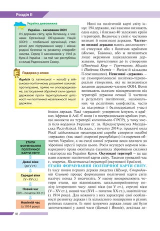 Розділ ІІ
48
Нині на політичній карті світу іс-
нує 194 держави, які взаємно визнають
одна одну, і близько 40 залежних кра...