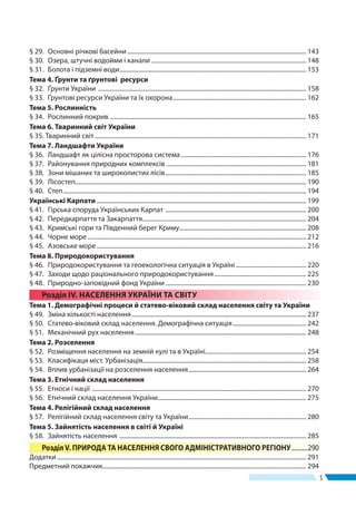 55
§ 29.	 Основні річкові басейни...................................................................................................................... 143
§ 30.	 Озера, штучні водойми і канали ...................................................................................................... 148
§ 31.	 Болота і підземні води........................................................................................................................... 153
Тема 4. Ґрунти та ґрунтові ресурси
§ 32.	 Ґрунти України ......................................................................................................................................... 158
§ 33. 	Ґрунтові ресурси України та їх охорона........................................................................................ 162
Тема 5. Рослинність
§ 34.	 Рослинний покрив ................................................................................................................................. 165
Тема 6. Тваринний світ України
§ 35. Тваринний світ........................................................................................................................................... 171
Тема 7. Ландшафти України
§ 36.	 Ландшафт як цілісна просторова система................................................................................... 176
§ 37.	 Районування природних комплексів ............................................................................................ 181
§ 38.	 Зони мішаних та широколистих лісів............................................................................................. 185
§ 39.	 Лісостеп....................................................................................................................................................... 190
§ 40.	 Степ................................................................................................................................................................ 194
Українські Карпати.......................................................................................................................................... 199
§ 41.	 Гірська споруда Українських Карпат ............................................................................................. 200
§ 42.	 Передкарпаття та Закарпаття............................................................................................................ 204
§ 43.	 Кримські гори та Південний берег Криму................................................................................... 208
§ 44.	 Чорне море................................................................................................................................................ 212
§ 45.	 Азовське море.......................................................................................................................................... 216
Тема 8. Природокористування
§ 46.	 Природокористування та геоекологічна ситуація в Україні............................................... 220
§ 47.	 Заходи щодо раціонального природокористування............................................................. 225
§ 48.	 Природно-заповідний фонд України............................................................................................. 230
Розділ ІV. НАСЕЛЕННЯ УКРАЇНИ ТА СВІТУ
Тема 1. Демографічні процеси й статево-віковий склад населення світу та України
§ 49.	 Зміна кількості населення................................................................................................................... 237
§ 50.	 Статево-віковий склад населення. Демографічна ситуація................................................. 242
§ 51. 	Механічний рух населення................................................................................................................. 248
Тема 2. Розселення
§ 52.	 Розміщення населення на земній кулі та в Україні.................................................................. 254
§ 53.	 Класифікаця міст. Урбанізація........................................................................................................... 258
§ 54.	 Вплив урбанізації на розселення населення.............................................................................. 264
Тема 3. Етнічний склад населення
§ 55.	 Етноси і нації ............................................................................................................................................. 270
§ 56.	 Етнічний склад населення України.................................................................................................. 275
Тема 4. Релігійний склад населення
§ 57.	 Релігійний склад населення світу та України.............................................................................. 280
Тема 5. Зайнятість населення в світі й Україні
§ 58.	 Зайнятість населення ........................................................................................................................... 285
РозділV. ПРИРОДА ТА НАСЕЛЕННЯ СВОГО АДМІНІСТРАТИВНОГО РЕГІОНУ............290
Додатки.................................................................................................................................................................... 291
Предметний покажчик...................................................................................................................................... 294
 
