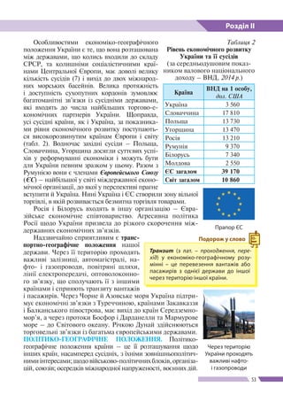 Розділ ІІ
53
Особливостями економіко-географічного
по­ложення України є те, що вона розташована
між державами, що колись входили до складу
СРСР, та колишніми соціалістичними краї-
нами Центральної Європи, має доволі велику
кількість сусідів (7) і вихід до двох міжнарод-
них морських басейнів. Велика протяжність
і доступність сухопутних кордонів зумовлює
багатоманітні зв’язки із сусідніми державами,
які входять до числа найбільших торгово-е-
кономічних партнерів України. Щоправда,
усі сусідні країни, як і Україна, за показника-
ми рівня економічного розвитку поступають-
ся високорозвинутим країнам Європи і світу
(табл. 2). Водночас західні сусіди – Польща,
Словаччина, Угорщина досягли суттєвих успі-
хів у реформуванні економіки і можуть бути
для України певним зразком у цьому. Разом з
Румунією вони є членами Європейського Союзу
(ЄС) – найбільшої у світі міждержавної еконо-
мічної організації, до якої у перспективі прагне
вступити й Україна. Нині Україна і ЄС створили зону вільної
торгівлі, в якій розвивається безмитна торгівля товарами.
Росія і Білорусь входять в іншу організацію – Євра-
зійське економічне співтовариство. Агресивна політика
Росії щодо України призвела до різкого скорочення між-
державних економічних зв’язків.
Надзвичайно сприятливим є транс­
портно-­географічне положення нашої
держави. Через ї ї територію проходять
важливі залізниці, автомагістралі, на-
фто- і газопроводи, повітряні шляхи,
лінії електропередачі, оптоволоконно-
го зв’язку, що сполучають ї ї з іншими
країнами і сприяють транзиту вантажів
і пасажирів. Через Чорне й Азовське моря Україна підтри-
мує економічні зв’язки з Туреччиною, країнами Закавказзя
і Балканського півострова, має вихід до країн Середземно-
мор’я, а через протоки Босфор і Дарданелли та Мармурове
море – до Світового океану. Річкою Дунай здійснюються
торговельні зв’язки із багатьма європейськими державами.
ПОЛІТИКО-ГЕОГРАФІЧНЕ ПОЛОЖЕННЯ. Політико-­
географічне положення країни – це її розташування щодо
інших країн, насамперед сусідніх, з їхніми зовнішньополітич-
нимиінтересами;щодовійськово-політичнихблоків,організа-
цій, союзів; осередків міжнародної напруженості, воєнних дій.
Таблиця 2
Рівень економічного розвитку
України та її сусідів
(за середньодушовим показ-
ником валового національного
доходу – ВНД, 2014 р.)
Країна
ВНД на 1 особу,
дол. США
Україна 3 560
Словаччина 17 810
Польща 13 730
Угорщина 13 470
Росія 13 210
Румунія 9 370
Білорусь 7 340
Молдова 2 550
ЄС загалом 39 170
Світ загалом 10 860
Прапор ЄС
Через територію
України проходять
важливі нафто-
і газопроводи
Транзит (з лат. – проходження, пере­-
хід) у економіко-географічному розу-
мінні – це перевезення вантажів або
пасажирів з однієї держави до іншої
через територію іншої країни.
Подорож у слово
 