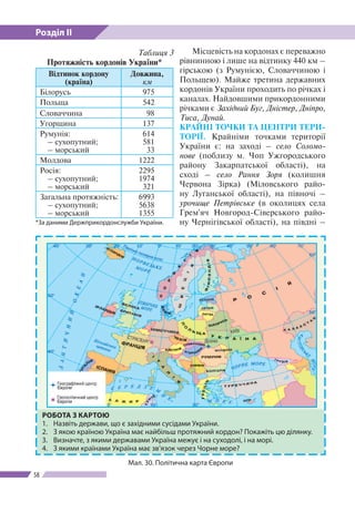 Розділ ІІ
58
Таблиця 3
Протяжність кордонів України*
Відтинок кордону
(країна)
Довжина,
км
Білорусь 975
Польща 542
Словачч...