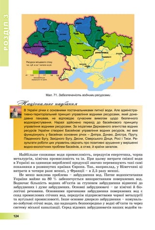 РОЗДІЛРОЗДІЛ33
124
Нацiональне надбанняц д
В Україні річки є основними постачальниками питної води. Але адміністра-
тивно-територіальний принцип управління водними ресурсами, який доне-
давна панував, не відповідає сучасним вимогам щодо безпечного
водокористування. Наразі здійснено перехід до басейнового принципу
управління водними ресурсами. За ініціативи Державного агентства водних
ресурсів України створені Басейнові управління водних ресурсів, які вже
функціонують у басейнах основних річок – Дніпра, Дунаю, Дністра, Пруту,
Південного Бугу, Західного Бугу, Десни, Сіверського Дінця, Росі і Тиси. Ре-
зультати роботи цих управлінь свідчать про позитивні зрушення у вирішенні
водно-екологічних проблем басейнів, а отже, й країни загалом.
Íàéáіëüøå ñïîæèâàє âîäè ïðîìèñëîâіñòü, ïåðåäóñіì åíåðãåòèêà, ÷îðíà
ìåòàëóðãіÿ, õіìі÷íà ïðîìèñëîâіñòü òà іí. Ïðè öüîìó âèòðàòè ñâіæîї âîäè
â Óêðàїíі íà îäèíèöþ âèðîáëåíîї ïðîäóêöії çíà÷íî ïåðåâèùóþòü òàêі ñàìі
ïîêàçíèêè â ðîçâèíóòèõ êðàїíàõ Єâðîïè. Òàê, íàïðèêëàä, ó Íіìå÷÷èíі öі
âèòðàòè â ÷îòèðè ðàçè ìåíøі, ó Ôðàíöії – â 2,5 ðàçó ìåíøі.
Íå ìåíø âàæëèâà ïðîáëåìà – çàáðóäíåííÿ âîä. Ïèòíå âîäîïîñòà÷àííÿ
Óêðàїíè ìàéæå íà 80 % çàáåçïå÷óєòüñÿ âèêîðèñòàííÿì ïîâåðõíåâèõ âîä.
Âîäíî÷àñ áіëüøіñòü âîäíèõ îá’єêòіâ çà ñòóïåíåì çàáðóäíåííÿ âіäíåñåíі äî
çàáðóäíåíèõ і äóæå çàáðóäíåíèõ. Îñíîâíі çàáðóäíþâà÷і – öå õіìі÷íі é áіî-
ëîãі÷íі ðå÷îâèíè. Îñíîâíèìè ïðè÷èíàìè çàáðóäíåííÿ ïîâåðõíåâèõ âîä є
ñêèä ïðîìèñëîâèõ ñòі÷íèõ âîä, ïåðåäóñіì ïіäïðèєìñòâàìè ÷îðíîї ìåòàëóðãії
òà âóãіëüíîї ïðîìèñëîâîñòі. Іíøå îñíîâíå äæåðåëî çàáðóäíåííÿ – êîìóíàëü-
íî-ïîáóòîâі ñòі÷íі âîäè, ùî íàäõîäÿòü áåçïîñåðåäíüî ó âîäíі îá’єêòè òà ÷åðåç
ñèñòåìó ìіñüêîї êàíàëіçàöії. Ñåðåä âіäîìèõ çàáðóäíþâà÷іâ íàøèõ âîäîéì òà-
Мал. 71. Забезпеченість водними ресурсами
 