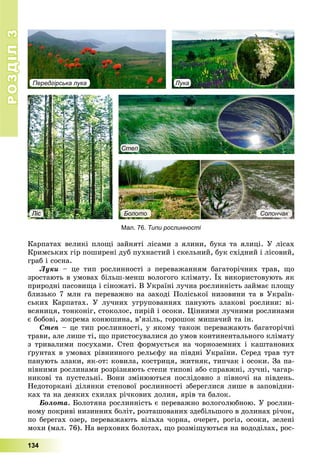 РОЗДІЛРОЗДІЛ33
134
Êàðïàòàõ âåëèêі ïëîùі çàéíÿòі ëіñàìè ç ÿëèíè, áóêà òà ÿëèöі. Ó ëіñàõ
Êðèìñüêèõ ãіð ïîøèðåíі äóá ïóõíàñòèé і ñêåëüíèé, áóê ñõіäíèé і ëіñîâèé,
ãðàá і ñîñíà.
Ëóêè – öå òèï ðîñëèííîñòі ç ïåðåâàæàííÿì áàãàòîðі÷íèõ òðàâ, ùî
çðîñòàþòü â óìîâàõ áіëüø-ìåíø âîëîãîãî êëіìàòó. Їõ âèêîðèñòîâóþòü ÿê
ïðèðîäíі ïàñîâèùà і ñіíîæàòі. Â Óêðàїíі ëó÷íà ðîñëèííіñòü çàéìàє ïëîùó
áëèçüêî 7 ìëí ãà ïåðåâàæíî íà çàõîäі Ïîëіñüêîї íèçîâèíè òà â Óêðàїí-
ñüêèõ Êàðïàòàõ. Ó ëó÷íèõ óãðóïîâàííÿõ ïàíóþòü çëàêîâі ðîñëèíè: âі-
âñÿíèöÿ, òîíêîíіã, ñòîêîëîñ, ïèðіé і îñîêè. Öіííèìè ëó÷íèìè ðîñëèíàìè
є áîáîâі, çîêðåìà êîíþøèíà, â’ÿçіëü, ãîðîøîê ìèøà÷èé òà іí.
Ñòåï – öå òèï ðîñëèííîñòі, ó ÿêîìó òàêîæ ïåðåâàæàþòü áàãàòîðі÷íі
òðàâè, àëå ëèøå òі, ùî ïðèñòîñóâàëèñÿ äî óìîâ êîíòèíåíòàëüíîãî êëіìàòó
ç òðèâàëèìè ïîñóõàìè. Ñòåï ôîðìóєòüñÿ íà ÷îðíîçåìíèõ і êàøòàíîâèõ
ґðóíòàõ â óìîâàõ ðіâíèííîãî ðåëüєôó íà ïіâäíі Óêðàїíè. Ñåðåä òðàâ òóò
ïàíóþòü çëàêè, ÿê-îò: êîâèëà, êîñòðèöÿ, æèòíÿê, òèï÷àê і îñîêè. Çà ïà-
íіâíèìè ðîñëèíàìè ðîçðіçíÿþòü ñòåïè òèïîâі àáî ñïðàâæíі, ëó÷íі, ÷àãàð-
íèêîâі òà ïóñòåëüíі. Âîíè çìіíþþòüñÿ ïîñëіäîâíî ç ïіâíî÷і íà ïіâäåíü.
Íåäîòîðêàíі äіëÿíêè ñòåïîâîї ðîñëèííîñòі çáåðåãëèñÿ ëèøå â çàïîâіäíè-
êàõ òà íà äåÿêèõ ñõèëàõ ðі÷êîâèõ äîëèí, ÿðіâ òà áàëîê.
Áîëîòà. Áîëîòÿíà ðîñëèííіñòü є ïåðåâàæíî âîëîãîëþáíîþ. Ó ðîñëèí-
íîìó ïîêðèâі íèçèííèõ áîëіò, ðîçòàøîâàíèõ çäåáіëüøîãî â äîëèíàõ ðі÷îê,
ïî áåðåãàõ îçåð, ïåðåâàæàþòü âіëüõà ÷îðíà, î÷åðåò, ðîãіç, îñîêè, çåëåíі
ìîõè (ìàë. 76). Íà âåðõîâèõ áîëîòàõ, ùî ðîçìіùóþòüñÿ íà âîäîäіëàõ, ðîñ-
Мал. 76. Типи рослинності
Передгірська лука Лука
Степ
Болото СолончакЛіс
 