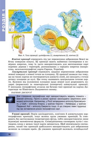 РОЗДІЛРОЗДІЛ11
16
Êîíі÷íі ïðîåêöії îòðèìóþòü ïіä ÷àñ ïåðåíåñåííÿ çîáðàæåííÿ Çåìëі íàї
áі÷íó ïîâåðõíþ êîíóñà. Öі ïðîåêöії ìàþòü íàéìåíøі ñïîòâîðåííÿ â ïî-
ìіðíèõ øèðîòàõ, òîìó їõ ÷àñòî âèêîðèñòîâóþòü äëÿ âèãîòîâëåííÿ êàðò
îêðåìèõ äåðæàâ і òåðèòîðіé, ðîçòàøîâàíèõ ó ñåðåäíіõ øèðîòàõ (íàïðè-
êëàä, çàãàëüíîãåîãðàôі÷íі êàðòè Єâðîïè, Óêðàїíè).
Àçèìóòàëüíі ïðîåêöії îòðèìóþòü çàâäÿêè ïåðåíåñåííþ çîáðàæåííÿ
çåìíîї ïîâåðõíі ç ïåâíîї òî÷êè íà ïëîùèíó. Öі ïðîåêöії íàçâàëè òàê òîìó,
ùî íà òàêèõ êàðòàõ íå ñïîòâîðþþòüñÿ àçèìóòè ëіíіé, ÿêі âèõîäÿòü ç òî÷êè
äîòèêó ïëîùèíè äî êóëі. Öþ òî÷êó íàçèâàþòü öåíòðàëüíîþ òî÷êîþ êàð-
òè. Çàëåæíî âіä ïîëîæåííÿ ïëîùèíè ùîäî çåìíîї êóëі ðîçðіçíÿþòü ïî-
ëÿðíі (íîðìàëüíі) òà åêâàòîðіàëüíі (ïîïåðå÷íі) àçèìóòàëüíі ïðîåêöії.
Ó øêіëüíèõ ãåîãðàôі÷íèõ àòëàñàõ ìè áà÷èìî òàêі ïðîåêöії íà êàðòàõ Àí-
òàðêòèäè ÷è Ïіâíі÷íîãî Ëüîäîâèòîãî îêåàíó.
ÍÀÓÊÎÂІ ÄÈÑÊÓÑІЇ
Для створення географічних карт використовують модель планети –
земний еліпсоїд. Проте в різних країнах законодавчо закріплено різні
моделі еліпсоїдів. Наприклад, у Росії затверджено еліпсоїд Красовсько-
го, у США – еліпсоїд Кларка, у країнах Європи – Хейфорда, у країнах
Південної Азії – еліпсоїд Евереста тощо. А це створює певні труднощі
під час зіставлення різних географічних карт.
Óìîâíі ïðîåêöії. Îêðіì öèëіíäðè÷íèõ, êîíі÷íèõ é àçèìóòàëüíèõ êàð-
òîãðàôі÷íèõ ïðîåêöіé, іñíóє âåëèêà ãðóïà óìîâíèõ ïðîåêöіé. Їõ ñòâî-
ðþþòü áåç çàñòîñóâàííÿ ãåîìåòðè÷íèõ ôіãóð, òîáòî âèêîðèñòîâóþ÷è ëèøå
âіäïîâіäíі ìàòåìàòè÷íі ôîðìóëè. Ñïіââіäíîøåííÿ ñïîòâîðåíü êóòіâ і ñïî-
òâîðåíü ïëîù ó ìåæàõ òàêîї êàðòè çìіíþєòüñÿ. Ùîá ìіíіìіçóâàòè ñïîòâî-
ðåííÿ, òàêèé òèï ïðîåêöіé çäåáіëüøîãî âèêîðèñòîâóþòü äëÿ çîáðàæåííÿ
âåëèêèõ çà ïëîùåþ êðàїí. Äî óìîâíèõ ïðîåêöіé íàëåæàòü ïñåâäîöèëіíä-
Мал. 4. Типи проекцій: циліндрична (1), азимутальна (2), конічна (3)
1 2
3
 