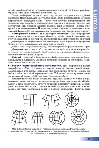 РОЗДІЛРОЗДІЛ11
17
ðè÷íі, ïñåâäîêîíі÷íі òà ïñåâäîàçèìóòàëüíі ïðîåêöії. Óñі âîíè ðîçðіçíÿ-
þòüñÿ çà âèãëÿäîì ãðàäóñíîї ñіòêè (ìàë. 5).
Ïñåâäîöèëіíäðè÷íі ïðîåêöії çàñòîñîâóþòü äëÿ ñêëàäàííÿ êàðò äðіáíèõ
ìàñøòàáіâ. Íàïðèêëàä, äëÿ êàðò ÷àñòèí ñâіòó, ÿêùî ïðÿìîëіíіéíèé ìåðèäіàí
çîáðàæóєòüñÿ ïîñåðåäèíі êàðòè. Òàêîæ òàêі ïðîåêöії âèêîðèñòîâóþòü äëÿ
ñêëàäàííÿ êàðò îêåàíіâ. Ó ïñåâäîêîíі÷íèõ ïðîåêöіÿõ ïàðàëåëі – öå äóãè êîí-
öåíòðè÷íèõ êіë, ñåðåäíіé ìåðèäіàí ïðÿìèé, іíøі ìåðèäіàíè – êðèâі, ñèìå-
òðè÷íі âіäíîñíî ñåðåäíüîãî. Ïñåâäîàçèìóòàëüíі – öå âèäîçìіíåíі àçèìóòàëüíі
ïðîåêöії. Çàçâè÷àé їõ çàñòîñîâóþòü äëÿ ñêëàäàííÿ êàðò Àòëàíòè÷íîãî îêåàíó.
Êàðòîãðàôі÷íі ïðîåêöії çà õàðàêòåðîì ñïîòâîðåíü. Íà ãåîãðàôі÷íèõ
êàðòàõ є ÷îòèðè òèïè ñïîòâîðåíü: äîâæèíè, êóòіâ, ôîðì і ïëîù îá’єêòіâ.
Òîìó çà õàðàêòåðîì ñïîòâîðåíü ðîçðіçíÿþòü òàêі êàðòîãðàôі÷íі ïðîåêöії:
ðіâíîêóòíі – çáåðіãàþòüñÿ áåç ñïîòâîðåíü êóòè і ôîðìè ãåîãðàôі÷íèõ
îá’єêòіâ, ïðîòå ñïîòâîðþþòüñÿ äîâæèíè òà ïëîùі;
ðіâíîâåëèêі – çáåðіãàþòüñÿ ïëîùі, àëå ñïîòâîðþþòüñÿ ôîðìè îá’єêòіâ і êóòè;
ðіâíîïðîìіæíі – ìàñøòàá є ñòàëèì çà îäíèì іç ãîëîâíèõ íàïðÿìêіâ і
äîðіâíþє ãîëîâíîìó ìàñøòàáó (íàé÷àñòіøå çà ìåðèäіàíàìè) ïðè çðіâíîâà-
æåííі ñïîòâîðåíü ïëîù і êóòіâ;
äîâіëüíі – ïðîåêöії ç áóäü-ÿêèìè ñïіââіäíîøåííÿìè ñïîòâîðåíü ôîðì,
ïëîù, êóòіâ і âіäñòàíåé. Çàçâè÷àé âåëè÷èíà êîæíîãî çі ñïîòâîðåíü є ìåí-
øîþ, íіæ â іíøèõ ïðîåêöіÿõ.
 Способи картографічного зображення. Äëÿ çîáðàæåííÿ ðіçíèõ
ãåîãðàôі÷íèõ îá’єêòіâ і ÿâèù íà êàðòàõ âèêîðèñòîâóþòü óìîâíі çíàêè.
Çà äîïîìîãîþ íèõ êàðòà ðîçïîâіäàє ïðî ðîçìіùåííÿ îá’єêòіâ і ÿâèù, äàє
їõíі êіëüêіñíі òà ÿêіñíі õàðàêòåðèñòèêè. Óñі óìîâíі çíàêè áóâàþòü ëіíіé-
íі, ïëîùèííі (ìàñøòàáíі) і òî÷êîâі (ïîçàìàñøòàáíі).
Ìàñøòàáíі óìîâíі çíàêè ïåðåäàþòü ñïðàâæíі ðîçìіðè îá’єêòіâ і âèðà-
æàþòüñÿ â ìàñøòàáі êàðòè, íàïðèêëàä: îçåðî, ôðóêòîâèé ñàä, ëіñ. Ëіíіéíі
óìîâíі çíàêè ïîçíà÷àþòü îá’єêòè ëіíіéíîãî õàðàêòåðó: êîðäîíè, äîðîãè,
ðіêè, ðîçëîìè. Êîëüîðîì і òîâùèíîþ ëіíіé ïåðåäàþòü êіëüêіñíі òà ÿêіñíі
õàðàêòåðèñòèêè, íàïðèêëàä òåïëі é õîëîäíі àòìîñôåðíі ôðîíòè, òèïè
Мал. 5. Вигляд сітки меридіанів і паралелей у різних картографічних проекціях:
1 – циліндрична; 2 – конічна; 3 – азимутальна; 4 – псевдоконічна; 5 – псевдоциліндрична;
6 – поліконічна; 7 – псевдоазимутальна
1 2 3
4 765
 