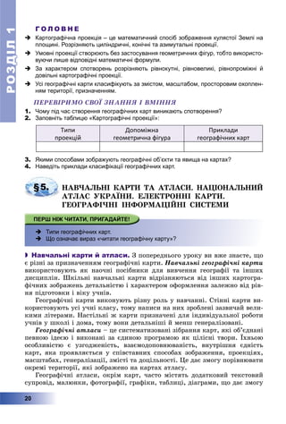 РОЗДІЛРОЗДІЛ11
20
Г О Л О В Н Е
 Картографічна проекція – це математичний спосіб зображення кулястої Землі на
площині. Розрізняють циліндричні, конічні та азимутальні проекції.
 Умовні проекції створюють без застосування геометричних фігур, тобто використо-
вуючи лише відповідні математичні формули.
 За характером спотворень розрізняють рівнокутні, рівновеликі, рівнопроміжні й
довільні картографічні проекції.
 Усі географічні карти класифікують за змістом, масштабом, просторовим охоплен-
ням території, призначенням.
ÏÅÐÅÂІÐÈÌÎ ÑÂÎЇ ÇÍÀÍÍß І ÂÌІÍÍß
1. Чому під час створення географічних карт виникають спотворення?
2. Заповніть таблицю «Картографічні проекції»:
Типи
проекцій
Допоміжна
геометрична фігура
Приклади
географічних карт
3. Якими способами зображують географічні об’єкти та явища на картах?
4. Наведіть приклади класифікації географічних карт.
§5. ÍÀÂ×ÀËÜÍІ ÊÀÐÒÈ ÒÀ ÀÒËÀÑÈ. ÍÀÖІÎÍÀËÜÍÈÉ
ÀÒËÀÑ ÓÊÐÀЇÍÈ. ÅËÅÊÒÐÎÍÍІ ÊÀÐÒÈ.
ÃÅÎÃÐÀÔІ×ÍІ ІÍÔÎÐÌÀÖІÉÍІ ÑÈÑÒÅÌÈ
 Типи географічних карт.
 Що означає вираз «читати географічну карту»?
 Навчальні карти й атласи. Ç ïîïåðåäíüîãî óðîêó âè âæå çíàєòå, ùî
є ðіçíі çà ïðèçíà÷åííÿì ãåîãðàôі÷íі êàðòè. Íàâ÷àëüíі ãåîãðàôі÷íі êàðòè
âèêîðèñòîâóþòü ÿê íàî÷íі ïîñіáíèêè äëÿ âèâ÷åííÿ ãåîãðàôії òà іíøèõ
äèñöèïëіí. Øêіëüíі íàâ÷àëüíі êàðòè âіäðіçíÿþòüñÿ âіä іíøèõ êàðòîãðà-
ôі÷íèõ çîáðàæåíü äåòàëüíіñòþ і õàðàêòåðîì îôîðìëåííÿ çàëåæíî âіä ðіâ-
íÿ ïіäãîòîâêè і âіêó ó÷íіâ.
Ãåîãðàôі÷íі êàðòè âèêîíóþòü ðіçíó ðîëü ó íàâ÷àííі. Ñòіííі êàðòè âè-
êîðèñòîâóþòü óñі ó÷íі êëàñó, òîìó íàïèñè íà íèõ çðîáëåíі çàçâè÷àé âåëè-
êèìè ëіòåðàìè. Íàñòіëüíі æ êàðòè ïðèçíà÷åíі äëÿ іíäèâіäóàëüíîї ðîáîòè
ó÷íіâ ó øêîëі і äîìà, òîìó âîíè äåòàëüíіøі é ìåíø ãåíåðàëіçîâàíі.
Ãåîãðàôі÷íі àòëàñè – öå ñèñòåìàòèçîâàíі çіáðàííÿ êàðò, ÿêі îá’єäíàíі
ïåâíîþ іäåєþ і âèêîíàíі çà єäèíîþ ïðîãðàìîþ ÿê öіëіñíі òâîðè. Їõíüîþ
îñîáëèâіñòþ є óçãîäæåíіñòü, âçàєìîäîïîâíþâàíіñòü, âíóòðіøíÿ єäíіñòü
êàðò, ÿêà ïðîÿâëÿєòüñÿ ó ñïіâñòàâíèõ ñïîñîáàõ çîáðàæåííÿ, ïðîåêöіÿõ,
ìàñøòàáàõ, ãåíåðàëіçàöії, çìіñòі òà äîöіëüíîñòі. Öå äàє çìîãó ïîðіâíþâàòè
îêðåìі òåðèòîðії, ÿêі çîáðàæåíî íà êàðòàõ àòëàñó.
Ãåîãðàôі÷íі àòëàñè, îêðіì êàðò, ÷àñòî ìіñòÿòü äîäàòêîâèé òåêñòîâèé
ñóïðîâіä, ìàëþíêè, ôîòîãðàôії, ãðàôіêè, òàáëèöі, äіàãðàìè, ùî äàє çìîãó
 