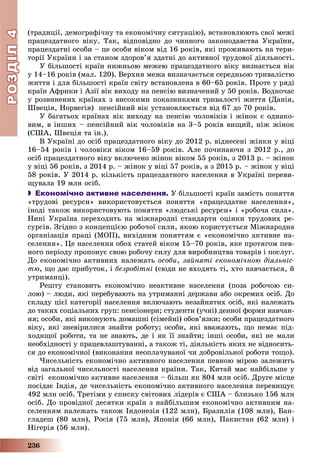 РОЗДІЛРОЗДІЛ44
236
(òðàäèöії, äåìîãðàôі÷íó òà åêîíîìі÷íó ñèòóàöіþ), âñòàíîâëþþòü ñâîї ìåæі
ïðàöåçäàòíîãî âіêó. Òàê, âіäïîâіäíî äî ÷èííîãî çàêîíîäàâñòâà Óêðàїíè,
ïðàöåçäàòíі îñîáè – öå îñîáè âіêîì âіä 16 ðîêіâ, ÿêі ïðîæèâàþòü íà òåðè-
òîðії Óêðàїíè і çà ñòàíîì çäîðîâ’ÿ çäàòíі äî àêòèâíîї òðóäîâîї äіÿëüíîñòі.
Ó áіëüøîñòі êðàїí íèæíüîþ ìåæåþ ïðàöåçäàòíîãî âіêó âèçíàєòüñÿ âіê
ó 14–16 ðîêіâ (ìàë. 120). Âåðõíÿ ìåæà âèçíà÷àєòüñÿ ñåðåäíüîþ òðèâàëіñòþ
æèòòÿ і äëÿ áіëüøîñòі êðàїí ñâіòó âñòàíîâëåíà â 60–65 ðîêіâ. Ïðîòå ó ðÿäі
êðàїí Àôðèêè і Àçії âіê âèõîäó íà ïåíñіþ âèçíà÷åíèé ó 50 ðîêіâ. Âîäíî÷àñ
ó ðîçâèíåíèõ êðàїíàõ ç âèñîêèìè ïîêàçíèêàìè òðèâàëîñòі æèòòÿ (Äàíіÿ,
Øâåöіÿ, Íîðâåãіÿ) ïåíñіéíèé âіê óñòàíîâëþєòüñÿ âіä 67 äî 70 ðîêіâ.
Ó áàãàòüîõ êðàїíàõ âіê âèõîäó íà ïåíñіþ ÷îëîâіêіâ і æіíîê є îäíàêî-
âèì, â іíøèõ – ïåíñіéíèé âіê ÷îëîâіêіâ íà 3–5 ðîêіâ âèùèé, íіæ æіíîê
(ÑØÀ, Øâåöіÿ òà іí.).
Â Óêðàїíі äî îñіá ïðàöåçäàòíîãî âіêó äî 2012 ð. âіäíåñåíі æіíêè ó âіöі
16–54 ðîêіâ і ÷îëîâіêè âіêîì 16–59 ðîêіâ. Àëå ïî÷èíàþ÷è ç 2012 ð., äî
îñіá ïðàöåçäàòíîãî âіêó âêëþ÷åíî æіíîê âіêîì 55 ðîêіâ, ç 2013 ð. – æіíîê
ó âіöі 56 ðîêіâ, ç 2014 ð. – æіíîê ó âіöі 57 ðîêіâ, à ç 2015 ð. – æіíîê ó âіöі
58 ðîêіâ. Ó 2014 ð. êіëüêіñòü ïðàöåçäàòíîãî íàñåëåííÿ â Óêðàїíі ïåðåâè-
ùóâàëà 19 ìëí îñіá.
 Економічно активне населення. Ó áіëüøîñòі êðàїí çàìіñòü ïîíÿòòÿ
«òðóäîâі ðåñóðñè» âèêîðèñòîâóєòüñÿ ïîíÿòòÿ «ïðàöåçäàòíå íàñåëåííÿ»,
іíîäі òàêîæ âèêîðèñòîâóþòü ïîíÿòòÿ «ëþäñüêі ðåñóðñè» і «ðîáî÷à ñèëà».
Íèíі Óêðàїíà ïåðåõîäèòü íà ìіæíàðîäíі ñòàíäàðòè îöіíêè òðóäîâèõ ðå-
ñóðñіâ. Çãіäíî ç êîíöåïöієþ ðîáî÷îї ñèëè, ÿêîþ êîðèñòóєòüñÿ Ìіæíàðîäíà
îðãàíіçàöіÿ ïðàöі (ÌÎÏ), âèõіäíèì ïîíÿòòÿì є «åêîíîìі÷íî àêòèâíå íà-
ñåëåííÿ». Öå íàñåëåííÿ îáîõ ñòàòåé âіêîì 15–70 ðîêіâ, ÿêå ïðîòÿãîì ïåâ-
íîãî ïåðіîäó ïðîïîíóє ñâîþ ðîáî÷ó ñèëó äëÿ âèðîáíèöòâà òîâàðіâ і ïîñëóã.
Äî åêîíîìі÷íî àêòèâíèõ íàëåæàòü îñîáè, çàéíÿòі åêîíîìі÷íîþ äіÿëüíіñ-
òþ, ùî äàє ïðèáóòîê, і áåçðîáіòíі (ñþäè íå âõîäÿòü òі, õòî íàâ÷àєòüñÿ, é
óòðèìàíöі).
Ðåøòó ñòàíîâèòü åêîíîìі÷íî íåàêòèâíå íàñåëåííÿ (ïîçà ðîáî÷îþ ñè-
ëîþ) – ëþäè, ÿêі ïåðåáóâàþòü íà óòðèìàííі äåðæàâè àáî îêðåìèõ îñіá. Äî
ñêëàäó öієї êàòåãîðії íàñåëåííÿ âêëþ÷àþòü íåçàéíÿòèõ îñіá, ÿêі íàëåæàòü
äî òàêèõ ñîöіàëüíèõ ãðóï: ïåíñіîíåðè; ñòóäåíòè (ó÷íі) äåííîї ôîðìè íàâ÷àí-
íÿ; îñîáè, ÿêі âèêîíóþòü äîìàøíі (ñіìåéíі) îáîâ’ÿçêè; îñîáè ïðàöåçäàòíîãî
âіêó, ÿêі çíåâіðèëèñÿ çíàéòè ðîáîòó; îñîáè, ÿêі ââàæàþòü, ùî íåìàє ïіä-
õîäÿùîї ðîáîòè, òà íå çíàþòü, äå і ÿê її çíàéòè; іíøі îñîáè, ÿêі íå ìàëè
íåîáõіäíîñòі ó ïðàöåâëàøòóâàííі, à òàêîæ òі, äіÿëüíіñòü ÿêèõ íå âіäíîñèòü-
ñÿ äî åêîíîìі÷íîї (âèêîíàííÿ íåîïëà÷óâàíîї ÷è äîáðîâіëüíîї ðîáîòè òîùî).
×èñåëüíіñòü åêîíîìі÷íî àêòèâíîãî íàñåëåííÿ ïåâíîþ ìіðîþ çàëåæèòü
âіä çàãàëüíîї ÷èñåëüíîñòі íàñåëåííÿ êðàїíè. Òàê, Êèòàé ìàє íàéáіëüøå ó
ñâіòі åêîíîìі÷íî àêòèâíå íàñåëåííÿ – áіëüø ÿê 804 ìëí îñіá. Äðóãå ìіñöå
ïîñіäàє Іíäіÿ, äå ÷èñåëüíіñòü åêîíîìі÷íî àêòèâíîãî íàñåëåííÿ ïåðåâèùóє
492 ìëí îñіá. Òðåòіìè ó ñïèñêó ñâіòîâèõ ëіäåðіâ є ÑØÀ – áëèçüêî 156 ìëí
îñіá. Äî ïðîâіäíîї äåñÿòêè êðàїí ç íàéáіëüøèì åêîíîìі÷íî àêòèâíèì íà-
ñåëåííÿì íàëåæàòü òàêîæ Іíäîíåçіÿ (122 ìëí), Áðàçèëіÿ (108 ìëí), Áàí-
ãëàäåø (80 ìëí), Ðîñіÿ (75 ìëí), ßïîíіÿ (66 ìëí), Ïàêèñòàí (62 ìëí) і
Íіãåðіÿ (56 ìëí).
 
