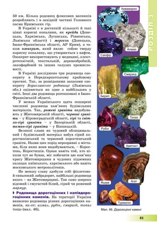 РОЗДІЛРОЗДІЛ33
83
50 êì. Êіëüêà ðîäîâèù ôëþñîâèõ âàïíÿêіâ
ðîçðîáëÿþòü і â çàõіäíіé ÷àñòèíі Ãîëîâíîãî
ïàñìà Êðèìñüêèõ ãіð.
Â Óêðàїíі є â äîñòàòíіé êіëüêîñòі é òàêі
öіííі êîðèñíі êîïàëèíè, ÿê êðåéäà (Äîíå-
öüêà, Õàðêіâñüêà, Ëóãàíñüêà, Ðіâíåíñüêà,
Ëüâіâñüêà îáëàñòі) і ìåðãåëü (Äîíåöüêà,
Іâàíî-Ôðàíêіâñüêà îáëàñòі, ÀÐ Êðèì), à òà-
êîæ îçîêåðèò, ÿêèé ÿâëÿє ñîáîþ òâåðäó
êîðèñíó êîïàëèíó, ùî óòâîðþєòüñÿ ç íàôòè.
Îçîêåðèò âèêîðèñòîâóþòü ó ìåäèöèíі, åëåêò-
ðîòåõíі÷íіé, òåêñòèëüíіé, äåðåâîîáðîáíіé,
ëàêîôàðáîâіé òà іíøèõ ãàëóçÿõ ïðîìèñëî-
âîñòі.
Â Óêðàїíі äîñëіäæåíî òðè ðîäîâèùà îçî-
êåðèòó â Ïåðåäêàðïàòñüêîìó êðàéîâîìó
ïðîãèíі. Òàê, çà ðîçâіäàíèìè çàïàñàìè îçî-
êåðèòó Áîðèñëàâñüêå ðîäîâèùå (Ëüâіâñüêà
îáë.) îöіíþєòüñÿ ÿê îäíå ç íàéáіëüøèõ ó
ñâіòі. Іíøі äâà ðîäîâèùà ðîçòàøîâàíі â Іâàíî-
Ôðàíêіâñüêіé îáëàñòі.
Ó ìåæàõ Óêðàїíñüêîãî ùèòà ïîøèðåíі
÷èñëåííі ðîäîâèùà êàì’ÿíèõ áóäіâåëüíèõ
ìàòåðіàëіâ. Òàê, ðîæåâі ãðàíіòè âèäîáóâà-
þòü ó Æèòîìèðñüêіé îáëàñòі, ÷åðâîíі ãðàíі-
òè – ó Êіðîâîãðàäñüêіé îáëàñòі, ñіðі òà ñâіò-
ëî-ñіðі ãðàíіòè – ó Çàïîðіçüêіé îáëàñòі,
òåìíî-ñіðі ãðàíіòè – ó Âіííèöüêіé.
Âåëèêîї ñëàâè ÿê ÷óäîâèé îáëèöþâàëü-
íèé і áóäіâåëüíèé ìàòåðіàë íàáóâ ñіðèé êî-
ðîñòèøіâñüêèé òà ÷åðâîíèé êîðîñòåíñüêèé
ãðàíіòè. Íàçâè öèõ ïîðіä íåðîçðèâíі ç ìіñòà-
ìè, áіëÿ ÿêèõ âîíè âèäîáóâàþòüñÿ, – Êîðîñ-
òåíü, Êîðîñòèøіâ. Îäíàê íàâіòü òîé, õòî íі-
êîëè òóò íå áóâàâ, ìіã ïîáà÷èòè öþ êàì’ÿíó
êðàñó Æèòîìèðùèíè â ÷óäîâèõ ïіäçåìíèõ
ïàëàöàõ êèїâñüêîãî, õàðêіâñüêîãî àáî íàâіòü
ìîñêîâñüêîãî ìåòðîïîëіòåíіâ.
Íå ìåíøó ñëàâó çäîáóëè ñîáі ôіîëåòîâî-
é ñèíüîîêèé ëàáðàäîðèò, íàéáіëüøі ðîäîâèùà
ÿêîãî – íà Æèòîìèðùèíі. Òàê ñàìî øèðîêî
âіäîìèé і ñìóãàñòèé áіëèé, ñіðèé ÷è ðîæåâèé
ìàðìóð.
 Родовища дорогоцінних і напівдоро-
гоцінних каменів. Íà òåðèòîðії Óêðàїíè
âèÿâëåíî ðîäîâèùà ðіçíèõ äîðîãîöіííèõ êà-
ìåíіâ, ÿê-îò: àëìàç, ðóáіí, ñìàðàãä, òîïàç
òîùî (ìàë. 46). Мал. 46. Дорогоцінні камені
Аквамарин
Сапфір
Алмаз
Смарагд
Берил
Топаз
Аметист
Рубін
Яшма Агат
Турмалін
 