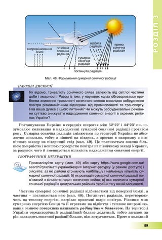 РОЗДІЛРОЗДІЛ33
89
Мал. 48. Формування сумарної сонячної радіації
ÍÀÓÊÎÂІ ÄÈÑÊÓÑІЇÄ
Як відомо, тривалість сонячного сяйва залежить від світлої частини
доби і хмарності. Разом із тим, у наукових колах обговорюється про-
блема зниження тривалості сонячного сяяння внаслідок забруднення
повітря різноманітними відходами від промисловості та транспорту.
Яка ваша думка з цього питання? Чи можуть забруднювальні речови-
ни суттєво знижувати надходження сонячної енергії в окремих регіо-
нах України?
Ðîçòàøóâàííÿ Óêðàїíè â ñåðåäíіõ øèðîòàõ ìіæ 5222 і 4423 ïí. ø.
çóìîâëþє êîëèâàííÿ â íàäõîäæåííі ñóìàðíîї ñîíÿ÷íîї ðàäіàöії ïðîòÿãîì
ðîêó. Ñóìàðíà ñîíÿ÷íà ðàäіàöіÿ çìіíþєòüñÿ ïî òåðèòîðії Óêðàїíè íå àáñî-
ëþòíî çîíàëüíî, òîáòî ç ïіâíî÷і íà ïіâäåíü, à çðîñòàє â íàïðÿìêó ç ïіâ-
íі÷íîãî çàõîäó íà ïіâäåííèé ñõіä (ìàë. 49). Öå ïîÿñíþєòüñÿ çíà÷íî áіëü-
øîþ õìàðíіñòþ і ìåíøîþ ïðîçîðіñòþ ïîâіòðÿ íà ïіâíі÷íîìó çàõîäі Óêðàїíè,
çà ðàõóíîê ÷îãî é çìåíøóєòüñÿ êіëüêіñòü íàäõîäæåííÿ ñîíÿ÷íîї åíåðãії.
ÃÅÎÃÐÀÔІ×ÍÈÉ ІÍÒÅÐÀÊÒÈÂÎÃÐÀÔІ×ÍÈÉ ІÍÒÅÐÀÊÒÈÂ
Проаналізуйте карту (мал. 49) або карту https://www.google.com.ua/
search?q=клімат+україни&espv= Інтернет-ресурсу (у режимі доступу) і
з’ясуйте: а) які райони отримують найбільшу і найменшу кількість су-
марної сонячної радіації; б) як розподіл сумарної сонячної радіації по-
в’язаний з кількістю годин сонячного сяйва; в) яка величина сумарної
сонячної радіації в центральних районах України та у вашій місцевості.
×àñòèíà ñóìàðíîї ñîíÿ÷íîї ðàäіàöії âіäáèâàєòüñÿ âіä ïîâåðõíі Çåìëі, à
÷àñòèíà – ïîãëèíàєòüñÿ íåþ (ìàë. 48). Ïîãëèíóòà ðàäіàöіÿ, ïåðåòâîðþþ-
÷èñü íà òåïëîâó åíåðãіþ, íàãðіâàє ïðèçåìíі øàðè ïîâіòðÿ. Ðіçíèöþ ìіæ
ñóìàðíîþ åíåðãієþ Ñîíöÿ òà її âòðàòàìè íà âіäáèòòÿ і òåïëîâå âèïðîìіíþ-
âàííÿ çåìíîþ ïîâåðõíåþ íàçèâàþòü ðàäіàöіéíèì áàëàíñîì. Íà òåðèòîðії
Óêðàїíè ñåðåäíüîðі÷íèé ðàäіàöіéíèé áàëàíñ äîäàòíèé, òîáòî çàãàëîì çà
ðіê íàäõîäèòü ñîíÿ÷íîї ðàäіàöії áіëüøå, íіæ âèòðà÷àєòüñÿ. Ïðîòå â õîëîäíèé
 