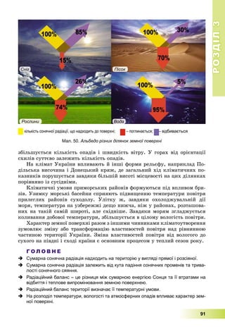 РОЗДІЛРОЗДІЛ33
91
çáіëüøóєòüñÿ êіëüêіñòü îïàäіâ і øâèäêіñòü âіòðó. Ó ãîðàõ âіä îðієíòàöії
ñõèëіâ ñóòòєâî çàëåæèòü êіëüêіñòü îïàäіâ.
Íà êëіìàò Óêðàїíè âïëèâàþòü é іíøі ôîðìè ðåëüєôó, íàïðèêëàä Ïî-
äіëüñüêà âèñî÷èíà і Äîíåöüêèé êðÿæ, äå çàãàëüíèé õіä êëіìàòè÷íèõ ïî-
êàçíèêіâ ïîðóøóєòüñÿ çàâäÿêè áіëüøіé âèñîòі ìіñöåâîñòі íà öèõ äіëÿíêàõ
ïîðіâíÿíî іç ñóñіäíіìè.
Êëіìàòè÷íі óìîâè ïðèìîðñüêèõ ðàéîíіâ ôîðìóþòüñÿ ïіä âïëèâîì áðè-
çіâ. Óçèìêó ìîðñüêі áàñåéíè ñïðèÿþòü ïіäâèùåííþ òåìïåðàòóðè ïîâіòðÿ
ïðèëåãëèõ ðàéîíіâ ñóõîäîëó. Óëіòêó æ, çàâäÿêè îõîëîäæóâàëüíіé äії
ìîðÿ, òåìïåðàòóðà íà óçáåðåææі äåùî íèæ÷à, íіæ ó ðàéîíàõ, ðîçòàøîâà-
íèõ íà òàêіé ñàìіé øèðîòі, àëå ñõіäíіøå. Çàâäÿêè ìîðÿì çãëàäæóєòüñÿ
êîëèâàííÿ äîáîâîї òåìïåðàòóðè, çáіëüøóєòüñÿ â öіëîìó âîëîãіñòü ïîâіòðÿ.
Õàðàêòåð çåìíîї ïîâåðõíі ðàçîì ç іíøèìè ÷èííèêàìè êëіìàòîóòâîðåííÿ
çóìîâëþє çìіíó àáî òðàíñôîðìàöіþ âëàñòèâîñòåé ïîâіòðÿ íàä ðіâíèííîþ
÷àñòèíîþ òåðèòîðії Óêðàїíè. Çìіíà âëàñòèâîñòåé ïîâіòðÿ âіä âîëîãîãî äî
ñóõîãî íà ïіâäíі і ñõîäі êðàїíè є îñíîâíèì ïðîöåñîì ó òåïëèé ñåçîí ðîêó.
Г О Л О В Н Е
 Сумарна сонячна радіація надходить на територію у вигляді прямої і розсіяної.
 Сумарна сонячна радіація залежить від кута падіння сонячних променів та трива-
лості сонячного сяяння.
 Радіаційний баланс – це різниця між сумарною енергією Сонця та її втратами на
відбиття і теплове випромінювання земною поверхнею.
 Радіаційний баланс території визначає її температурні умови.
 На розподіл температури, вологості та атмосферних опадів впливає характер зем-
ної поверхні.
Мал. 50. Альбедо різних ділянок земної поверхні
кількість сонячної радіації, що надходить до поверхні; – поглинається; – відбивається
Сніг Пісок
Рослини Вода
 