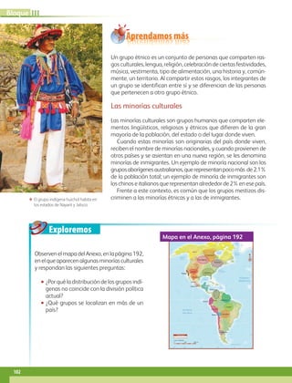 Aprendamos más
Exploremos
IIIBloque
102
60˚90˚120˚150˚180˚ 30˚
30˚
30˚
45˚
45˚
15˚
0˚
15˚
60˚
75˚ 75˚
Océano
Atlántico
Océano
Pacífico
0 1500 3000 km.
Escala 1: 66 000 000
Golfo de
México
Golfo de
Alaska
Mar
Caribe
Mar de Beaufort
Bahía
Baffin
Mar del
Labrador
Mar de
Los Sargazos
Mar de Escocia
Bahía de
Hudson
S i m b o l o g í a
Frontera internacional
Inuits
Pies Negros
Iroqueses
Apache
Pápago
Rarámuri
Nahua
Zapoteca Maya
Guajiro
Jívaro
Otavalo
Aymará
Quechua
Mapuche
Guaraníes
Cayapó
Vapichana
Chippewyan
Cheyenne
N
Minorías culturales en AméricaMapa en el Anexo, página 192
Un grupo étnico es un conjunto de personas que comparten ras-
gos culturales, lengua, religión, celebración de ciertas festividades,
música, vestimenta, tipo de alimentación, una historia y, común-
mente, un territorio. Al compartir estos rasgos, los integrantes de
un grupo se identifican entre sí y se diferencian de las personas
que pertenecen a otro grupo étnico.
Las minorías culturales
Las minorías culturales son grupos humanos que comparten ele-
mentos lingüísticos, religiosos y étnicos que difieren de la gran
mayoría de la población, del estado o del lugar donde viven.
Cuando estas minorías son originarias del país donde viven,
reciben el nombre de minorías nacionales, y cuando provienen de
otros países y se asientan en una nueva región, se les denomina
minorías de inmigrantes. Un ejemplo de minoría nacional son los
gruposaborígenesaustralianos,querepresentanpocomás de2.1%
de la población total; un ejemplo de minoría de inmigrantes son
los chinos e italianos que representan alrededor de2%en ese país.
Frente a este contexto, es común que los grupos mestizos dis-
criminen a las minorías étnicas y a las de inmigrantes.
ObservenelmapadelAnexo,enlapágina192,
enelqueaparecenalgunasminoríasculturales
y respondan las siguientes preguntas:
•• ¿Por qué la distribución de los grupos indí-
genas no coincide con la división política
actual?
•• ¿Qué grupos se localizan en más de un
país?
ΕΕ El grupo indígena huichol habita en
los estados de Nayarit y Jalisco.
AB-GEO-6-P-076-109_2014_2015.indd 102 17/02/14 16:41
 