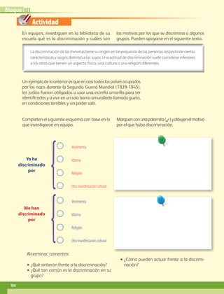 Actividad
IIIBloque
104
En equipos, investiguen en la biblioteca de su
escuela qué es la discriminación y cuáles son
los motivos por los que se discrimina a algunos
grupos. Pueden apoyarse en el siguiente texto.
La discriminación de las minorías tiene su origen en los prejuicios de las personas respecto de ciertas
características y rasgos distintos a los suyos. Una actitud de discriminación suele considerar inferiores
a los otros que tienen un aspecto físico, una cultura o una religión diferentes.
Completen el siguiente esquema con base en lo
que investigaron en equipo.
Marquenconunapalomita(✓)ydibujenelmotivo
por el que hubo discriminación.
Al terminar, comenten:
•• ¿Qué sintieron frente a la discriminación?
•• ¿Qué tan común es la discriminación en su
grupo?
•• ¿Cómo pueden actuar frente a la discrimi-
nación?
Yo he
discriminado
por
Me han
discriminado
por
Vestimenta
Idioma
Religión
Otra manifestación cultural
Vestimenta
Idioma
Religión
Otra manifestación cultural
Un ejemplo de lo anterior es que en casi todos los países ocupados
por los nazis durante la Segunda Guerra Mundial (1939-1945),
los judíos fueron obligados a usar una estrella amarilla para ser
identificados y a vivir en un solo barrio amurallado llamado gueto,
en condiciones terribles y sin poder salir.
AB-GEO-6-P-076-109_2014_2015.indd 104 17/02/14 16:41
 