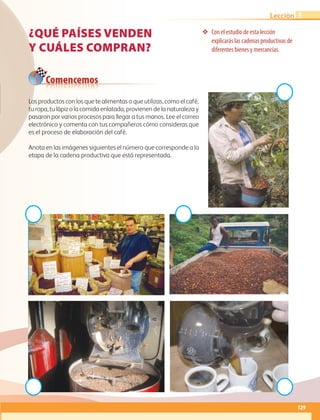 129
Lección
¿Qué países venden
y cuáles compran?
❖❖ Con el estudio de esta lección
explicarás las cadenas productivas de
diferentes bienes y mercancías.
Los productos con los que te alimentas o que utilizas, como el café,
tu ropa, tu lápiz o la comida enlatada, provienen de la naturaleza y
pasaron por varios procesos para llegar a tus manos. Lee el correo
electrónico y comenta con tus compañeros cómo consideras que
es el proceso de elaboración del café.
Anota en las imágenes siguientes el número que corresponde a la
etapa de la cadena productiva que está representada.
Comencemos
3
AB-GEO-6-P-110-145_2014_2015.indd 129 17/02/14 16:43
 
