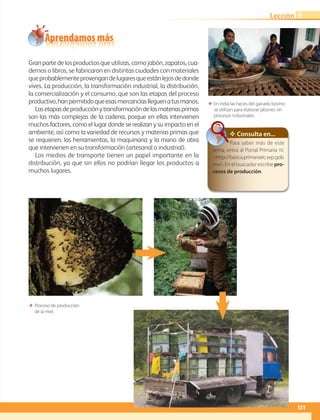131
Lección
Gran parte de los productos que utilizas, como jabón, zapatos, cua-
dernos o libros, se fabricaron en distintas ciudades con materiales
queprobablementeprovengandelugaresqueestánlejosdedonde
vives. La producción, la transformación industrial, la distribución,
la comercialización y el consumo, que son las etapas del proceso
productivo,hanpermitidoqueesasmercancíaslleguenatusmanos.
Lasetapasdeproducciónytransformacióndelasmateriasprimas
son las más complejas de la cadena, porque en ellas intervienen
muchos factores, como el lugar donde se realizan y su impacto en el
ambiente, así como la variedad de recursos y materias primas que
se requieren, las herramientas, la maquinaria y la mano de obra
que intervienen en su transformación (artesanal o industrial).
Los medios de transporte tienen un papel importante en la
distribución, ya que sin ellos no podrían llegar los productos a
muchos lugares.
ΕΕ En India las heces del ganado bovino
se utilizan para elaborar jabones sin
procesos industriales.
ΕΕ Proceso de producción
de la miel.
Aprendamos más
3
✥ Consulta en...
Para saber más de este
tema, entra al Portal Primaria tic
http://basica.primariatic.sep.gob.
mx. En el buscador escribe pro-
cesos de producción.
AB-GEO-6-P-110-145_2014_2015.indd 131 17/02/14 16:43
 