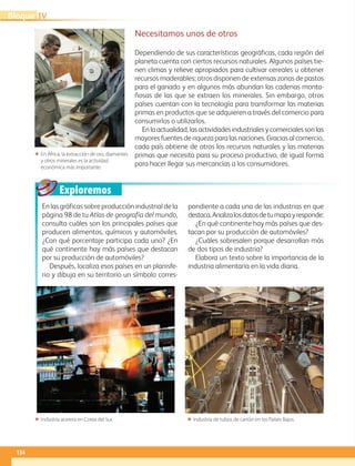 Exploremos
134
IVBloque
Necesitamos unos de otros
Dependiendo de sus características geográficas, cada región del
planeta cuenta con ciertos recursos naturales. Algunos países tie-
nen climas y relieve apropiados para cultivar cereales u obtener
recursos maderables; otros disponen de extensas zonas de pastos
para el ganado y en algunos más abundan las cadenas monta-
ñosas de las que se extraen los minerales. Sin embargo, otros
países cuentan con la tecnología para transformar las materias
primas en productos que se adquieren a través del comercio para
consumirlos o utilizarlos.
Enlaactualidad,lasactividadesindustrialesycomercialessonlas
mayores fuentes de riqueza para las naciones. Gracias al comercio,
cada país obtiene de otros los recursos naturales y las materias
primas que necesita para su proceso productivo, de igual forma
para hacer llegar sus mercancías a los consumidores.
En las gráficas sobre producción industrial de la
página 98 de tu Atlas de geografía del mundo,
consulta cuáles son los principales países que
producen alimentos, químicos y automóviles.
¿Con qué porcentaje participa cada uno? ¿En
qué continente hay más países que destacan
por su producción de automóviles?
Después, localiza esos países en un planisfe-
rio y dibuja en su territorio un símbolo corres-
pondiente a cada una de las industrias en que
destaca.Analizalosdatosdetumapayresponde:
¿En qué continente hay más países que des-
tacan por su producción de automóviles?
¿Cuáles sobresalen porque desarrollan más
de dos tipos de industria?
Elabora un texto sobre la importancia de la
industria alimentaria en la vida diaria.
ΕΕ En África, la extracción de oro, diamantes
y otros minerales es la actividad
económica más importante.
ΕΕ Industria acerera en Corea del Sur. ΕΕ Industria de tubos de cartón en los Países Bajos.
AB-GEO-6-P-110-145_2014_2015.indd 134 17/02/14 16:43
 