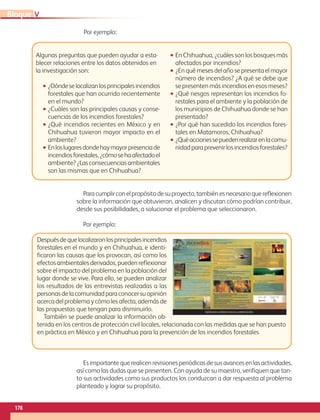 178
VBloque
Algunas preguntas que pueden ayudar a esta-
blecer relaciones entre los datos obtenidos en
la investigación son:
•• ¿Dóndeselocalizanlosprincipalesincendios
forestales que han ocurrido recientemente
en el mundo?
•• ¿Cuáles son las principales causas y conse-
cuencias de los incendios forestales?
•• ¿Qué incendios recientes en México y en
Chihuahua tuvieron mayor impacto en el
ambiente?
•• Enloslugaresdondehaymayorpresenciade
incendiosforestales,¿cómosehaafectadoel
ambiente?¿Lasconsecuenciasambientales
son las mismas que en Chihuahua?
•• En Chihuahua, ¿cuáles son los bosques más
afectados por incendios?
•• ¿En qué meses del año se presenta el mayor
número de incendios? ¿A qué se debe que
se presenten más incendios en esos meses?
•• ¿Qué riesgos representan los incendios fo-
restales para el ambiente y la población de
los municipios de Chihuahua donde se han
presentado?
•• ¿Por qué han sucedido los incendios fores-
tales en Matamoros, Chihuahua?
•• ¿Quéaccionessepuedenrealizarenlacomu-
nidadparaprevenirlosincendiosforestales?
Por ejemplo:
Paracumplirconelpropósitodesuproyecto,tambiénesnecesarioquereflexionen
sobre la información que obtuvieron, analicen y discutan cómo podrían contribuir,
desde sus posibilidades, a solucionar el problema que seleccionaron.
Por ejemplo:
Despuésdequelocalizaronlosprincipalesincendios
forestales en el mundo y en Chihuahua, e identi-
ficaron las causas que los provocan, así como los
efectosambientalesderivados,puedenreflexionar
sobre el impacto del problema en la población del
lugar donde se vive. Para ello, se pueden analizar
los resultados de las entrevistas realizadas a las
personasdelacomunidadparaconocersuopinión
acerca del problema y cómo les afecta, además de
las propuestas que tengan para disminuirlo.
También se puede analizar la información ob-
tenida en los centros de protección civil locales, relacionada con las medidas que se han puesto
en práctica en México y en Chihuahua para la prevención de los incendios forestales
Esimportantequerealicenrevisionesperiódicasdesusavancesenlasactividades,
así como las dudas que se presenten. Con ayuda de su maestro, verifiquen que tan-
to sus actividades como sus productos los conduzcan a dar respuesta al problema
planteado y lograr su propósito.
AB-GEO-6-P-146-183_2014_2015 2.indd 178 17/02/14 16:45
 
