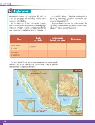 Exploremos
22
IBloque
Observa los mapas de las páginas 76 y 80 del
Atlas de geografía del mundo y realiza las si-
guientes actividades.
En equipo, identifiquen las escalas gráficas
quesemuestranenesosmapas;conlápizyregla
marquenymidan,enambos mapas, ladistancia
que hay entre la ciudad de Madrid, España, y la
ciudad de París, Francia. Según la escala gráfica
de uno y otro mapa, ¿cuántos kilómetros hay
entre ambas capitales?
Registren la información en una tabla como la
siguiente, comenten los resultados con los otros
equipos y obtengan conclusiones.
Mapa
Escala
de estudio
Centímetros de
distancia en el mapa
Distancia real
División política
de Europa
Continental
Distribución
de la población	
Larepresentacióndeunpaísqueapareceenunmapapuede
ser más pequeña o más grande, depende de la escala, pero el
tamaño real siempre es el mismo.
23° 27’
30°
25°
20°
115° 110° 105° 100° 95° 90°
Trópico de Cáncer
BELICE
ESTADOS UNIDOS DE AMÉRICA
GUATEMALA
HONDURAS
MarCaribe
GolfodeCalifornia
Océano Pacífico Golfo de
México
Escalas
N
Escala 1: 20 000 000
0 300 600 km
Escala 1: 8 500 000
0 100 200 300 km
Escala 1: 80 000 000
0 600 km
AB-GEO-6-P-008-041_2014_2015.indd 22 18/02/14 12:36
 