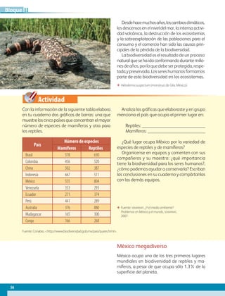 Actividad
56
IIBloque
Desdehacemuchosaños,loscambiosclimáticos,
los descensos en el nivel del mar, la intensa activi-
dad volcánica, la destrucción de los ecosistemas
y la sobreexplotación de las poblaciones para el
consumo y el comercio han sido las causas prin-
cipales de la pérdida de la biodiversidad.
La biodiversidad es el resultado de un proceso
naturalquesehaidoconformandodurantemillo-
nesdeaños,porloquedebeserprotegida,respe-
tada y preservada. Los seres humanos formamos
parte de esta biodiversidad en los ecosistemas.
Con la información de la siguiente tabla elabora
en tu cuaderno dos gráficas de barras: una que
muestreloscincopaísesqueconcentranelmayor
número de especies de mamíferos y otra para
los reptiles.
País
Número de especies
Mamíferos Reptiles
Brasil 578 630
Colombia 456 520
China 502 387
Indonesia 667 511
México 535 804
Venezuela 353 293
Ecuador 271 374
Perú 441 289
Australia 376 880
Madagascar 165 300
Congo 166 268
Analiza las gráficas que elaboraste y en grupo
menciona el país que ocupa el primer lugar en:
	Reptiles: 
	Mamíferos: 
¿Qué lugar ocupa México por la variedad de
especies de reptiles y de mamíferos?
Organícense en equipos y comenten con sus
compañeros y su maestro: ¿qué importancia
tiene la biodiversidad para los seres humanos?,
¿cómo podemos ayudar a conservarla? Escriban
las conclusiones en su cuaderno y compártanlas
con los demás equipos.
México megadiverso
México ocupa uno de los tres primeros lugares
mundiales en biodiversidad de reptiles y ma-
míferos, a pesar de que ocupa sólo 1.3% de la
superficie del planeta.
ΕΕ Fuente: semarnat, ¿Y el medio ambiente?
Problemas en México y el mundo, semarnat,
2007.
Fuente: Conabio. http://www.biodiversidad.gob.mx/pais/quees.html.
ΕΕ Heloderma suspectum (monstruo de Gila, México).
AB-GEO-6-P-042-075_2014_2015.indd 56 17/02/14 16:38
 