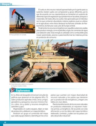 62
IIBloque
Exploremos
El suelo es otro recurso natural aprovechado por la gente para su
sustento. Existen suelos con composición y grosor diferentes, por lo
que de acuerdo con sus características se convierten en sustento de
diferentestiposdevegetaciónquepredominaenlasselvas,bosqueso
matorrales.Detodosellos,lossuelosmásapreciadosporelindividuo
son los que contienen abundante materia orgánica, pues se utilizan
en la agricultura; entre éstos destacan las llanuras centrales de Nor-
teamérica, las llanuras rusas y las de Europa central.
Finalmente,losrecursosenergéticossonaquellassustanciasusadas
paraproducirenergía,comoelpetróleo,elgas,lascorrientesdeagua
y la radiación solar. Esta energía es utilizada como combustible para
mover automóviles, aviones o para transformar las materias primas
en productos de consumo.
En tu Atlas de Geografía Universal consulta las
gráficas que aparecen en las páginas 69 a 75
sobre productos agrícolas (maíz, arroz y trigo),
ganaderos y pesqueros; recursos mineros (hie-
rro, cobre, oro y plata) y recursos energéticos
(petróleo y gas).
Organizados en cuatro equipos, elijan un tipo
de producción y elaboren un mapa temático.
Analicen en grupo el contenido del mapa
que cada equipo elaboró. Identifiquen los cinco
países que cuentan con mayor diversidad de
recursos naturales y los países que destacan
por su producción de energéticos, y hagan una
tabla con esos datos.
Paralatransformacióndelosrecursosnaturales
en productos elaborados se requieren mate-
rias primas y energéticos. De acuerdo con esta
afirmación y con los datos del mapa temático
elaborado, contesta: ¿cuáles son los países con
alto desarrollo industrial?
ΕΕ Pozo petrolero en Canadá.
ΕΕ Desembarcando carbón en un puerto
en Virginia, Estados Unidos.
AB-GEO-6-P-042-075_2014_2015.indd 62 17/02/14 16:38
 