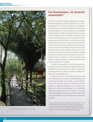 66
IIBloque
Las Guacamayas, un proyecto
sustentable*
En 1967 cerca de 40 familias oaxaqueñas de origen
chinanteco llegaron a Chiapas para formar una nue-
va población en la Selva Lacandona. Decididas a
conservar la selva, convirtieron 60% del territorio en
reserva ecológica y el resto lo dedicaron a actividades
agropecuarias,entreellasunaplantacióndecacaoque
no dio resultados positivos.También reforestaron con
una planta llamada pita, que crece lentamente. Para el
proyecto agrícola se les dotó con un sistema de riego
quedejódefuncionar,puescarecíandecombustibley
de refacciones para echar a andar la bomba.Tampoco
teníancaminosnielectricidadydespuésde24añosla
mayor parte de la comunidad decidió aprovechar los
recursosnaturalesdelaregiónparamejorarsucalidad
de vida. Con el apoyo de varias organizaciones, deci-
dieron poner en marcha un centro ecoturístico para
obtener mayores beneficios económicos afectando
lo menos posible la naturaleza.
Conesefinsepropusieronconvertirseenpromoto-
resdelaconservacióndellugarmediantelaeducación
ambiental, la preservación de la Selva Lacandona y
la protección de una de las especies en peligro de
extinción: la guacamaya roja.
El centro ecoturístico Las Guacamayas se localiza
a 254 kilómetros al sureste de la ciudad de Palenque
y al este de la ciudad de Comitán, cerca de Zamora
Pico de Oro, que es la cabecera municipal. El centro
cuenta con cabañas, restaurante y un sendero eco-
lógico por el que se puede llegar a un maravilloso
aviario para guacamayas rojas. Se trata de una zona
selvática ecoturística que ha fomentado el desarrollo
de la comunidad y la conservación de sus animales
y plantas.
*“La lucha por el desarrollo sustentable: experiencias en el Cen-
tro Ecoturístico Las Guacamayas”, en Primer Congreso Interna-
cional de Casos Exitosos de Desarrollo Sostenible. Caso presen-
tado por el programa de investigación“Desarrollo humano en
Chiapas”, uam, y el centro ecoturístico Las Guacamayas.
ΕΕ Pasillo ecológico del centro Las Guacamayas.
AB-GEO-6-P-042-075_2014_2015.indd 66 17/02/14 16:38
 