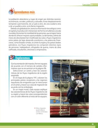 Aprendamos más
Exploremos
Lección 3
95
ΕΕ Niños migrantes
guatemaltecos
rumbo a la frontera
con México.
La población abandona su lugar de origen por distintas razones:
económicas, sociales, políticas y culturales. A ese desplazamiento
temporal o permanente, de un país a otro, de una ciudad a otra
o de un pueblo a otro, se le llama migración.
Debidoalaglobalización,tantolainformacióntecnológicacomo
el capital y la producción interactúan de forma simultánea a escala
mundialyfomentanlamovilidaddelaspersonas,queemigranhacia
donde les ofrecen mejores oportunidades. La demanda y oferta de
mano de obra barata han modificado las rutas o flujos migratorios
entre países de bajo desarrollo económico y las potencias finan-
cieras, como Estados Unidos, la Unión Europea y los países árabes
petroleros. Los flujos migratorios los componen distintos tipos
de personas: trabajadores, refugiados de guerra, mano de obra
calificada, estudiantes, directivos o empresarios.
Conlaorientacióndelmaestro,formenequipos
de acuerdo con el número de carteles infor-
mativos que se encuentran en la página 96.
Seleccionen un cartel y lean las caracte-
rísticas de los flujos migratorios de la región
asignada.
En el mapa de la página 191, coloreen los
principales países receptores y las regiones
expulsoras de emigrantes que se mencionan
en el cartel, y tracen sus rutas de migración de
acuerdo con la simbología.
En un mapa mural, cada equipo explique
las características de los flujos migratorios de
su región y tracen las rutas correspondientes
con un color diferente al resto de los equipos.
AB-GEO-6-P-076-109_2014_2015.indd 95 17/02/14 16:40
 