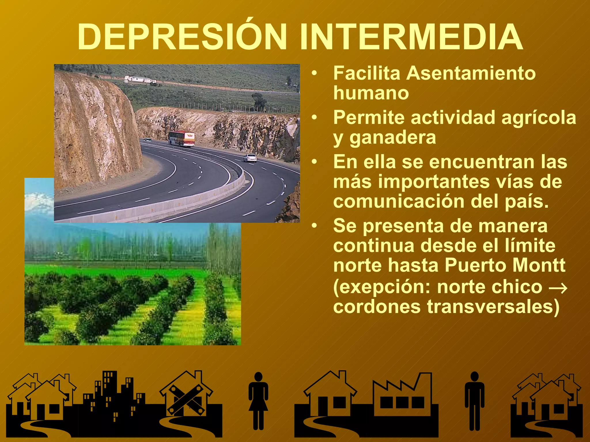DEPRESIÓN INTERMEDIA Facilita Asentamiento humano Permite actividad agrícola y ganadera En ella se encuentran las más importantes vías de comunicación del país. Se presenta de manera continua desde el límite norte hasta Puerto Montt (exepción: norte chico    cordones transversales)  