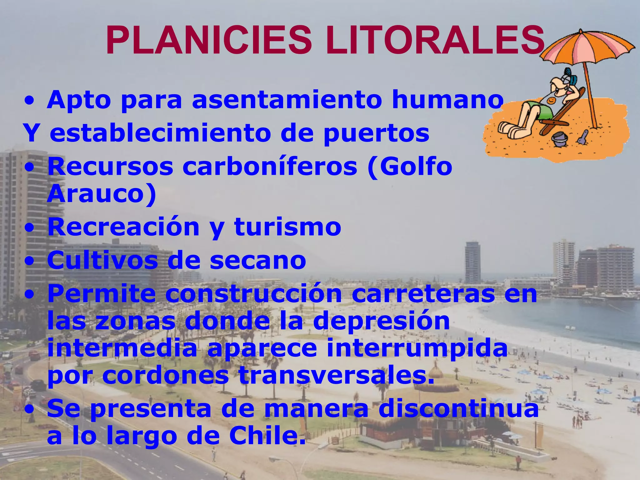 PLANICIES LITORALES Apto para asentamiento humano Y establecimiento de puertos Recursos carboníferos (Golfo Arauco) Recreación y turismo Cultivos de secano Permite construcción carreteras en las zonas donde la depresión intermedia aparece interrumpida por cordones transversales. Se presenta de manera discontinua a lo largo de Chile. 