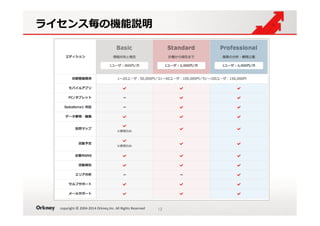 copyright	
  ©	
  2004-­‐2014	
  Orkney,Inc.	
  All	
  Rights	
  Reserved	
ライセンス毎の機能説明
12	
 
