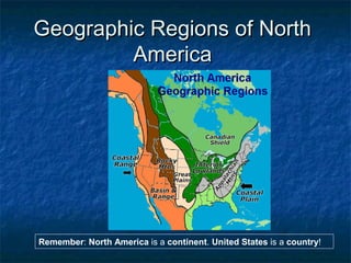 Geographic Regions of NorthGeographic Regions of North
AmericaAmerica
Remember: North America is a continent. United States is a country!
 