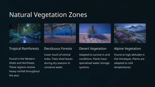 Natural Vegetation Zones
Tropical Rainforests
Found in the Western
Ghats and Northeast.
These regions receive
heavy rainfall throughout
the year.
Deciduous Forests
Cover much of central
India. Trees shed leaves
during dry seasons to
conserve water.
Desert Vegetation
Adapted to survive in arid
conditions. Plants have
specialized water storage
systems.
Alpine Vegetation
Found at high altitudes in
the Himalayas. Plants are
adapted to cold
temperatures.
 