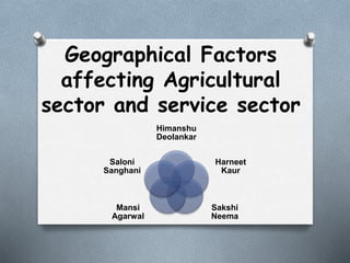 Geographical Factors
affecting Agricultural
sector and service sector
Himanshu
Deolankar
Harneet
Kaur
Sakshi
Neema
Mansi
Agarwal
Saloni
Sanghani
 