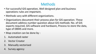 Methods
• For successful GIS operation, Well designed plan and business
operations rules are important.
• Methods vary with different organizations.
• Organizations document their process plan for GIS operation. These
document address number question about GIS methods: No. of GIS
experts required, GIS software and hardware, Process to store the data,
type of DBMS and more.
• Map creation can be done by :
1. Automated raster
2. Vector Creator
3. Manually vectorised
4. Survey agency
 